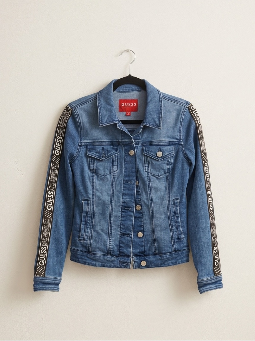 GUESS Medium Blue Denim Jacket with Logo Sleeve Tape
